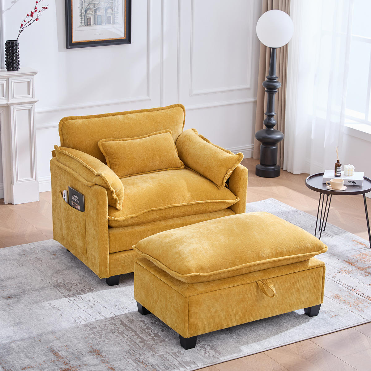 LOUNGESESSEL mit Hocker und Stauraum in Samt, 103 / 85 / 91 cm - Gelb, Textil (85/91/103cm) - PARAFTA HOME