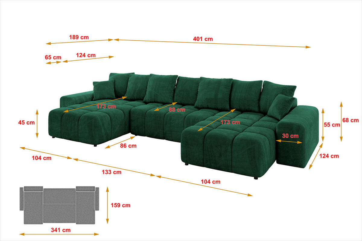 WOHNLANDSCHAFT ENIL-U 401x189x68 Dunkelgrün Velours - Dunkelgrün, Holzwerkstoff/Kunststoff (401/68/189cm) - ALTDECOR