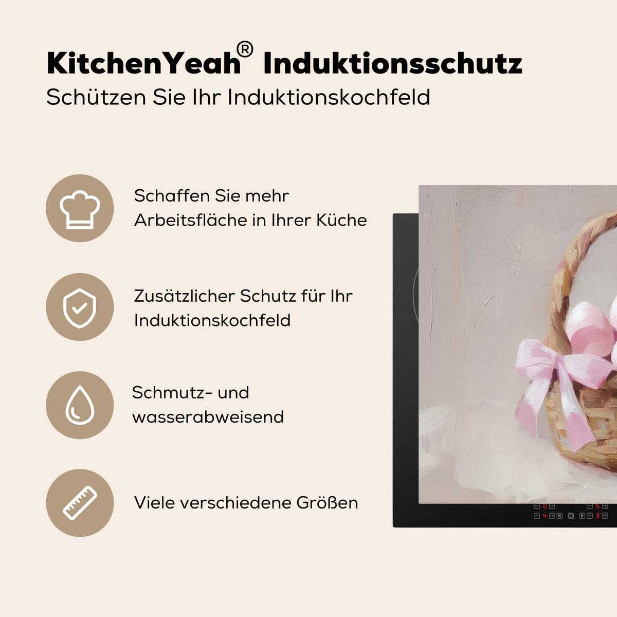 HERDABDECKPLATTE Korb - Eier - Rosa Herdabdeckung Induktionsfeld 65x52 cm - Beige, Kunststoff (65/52/0.2cm) - MuchoWow