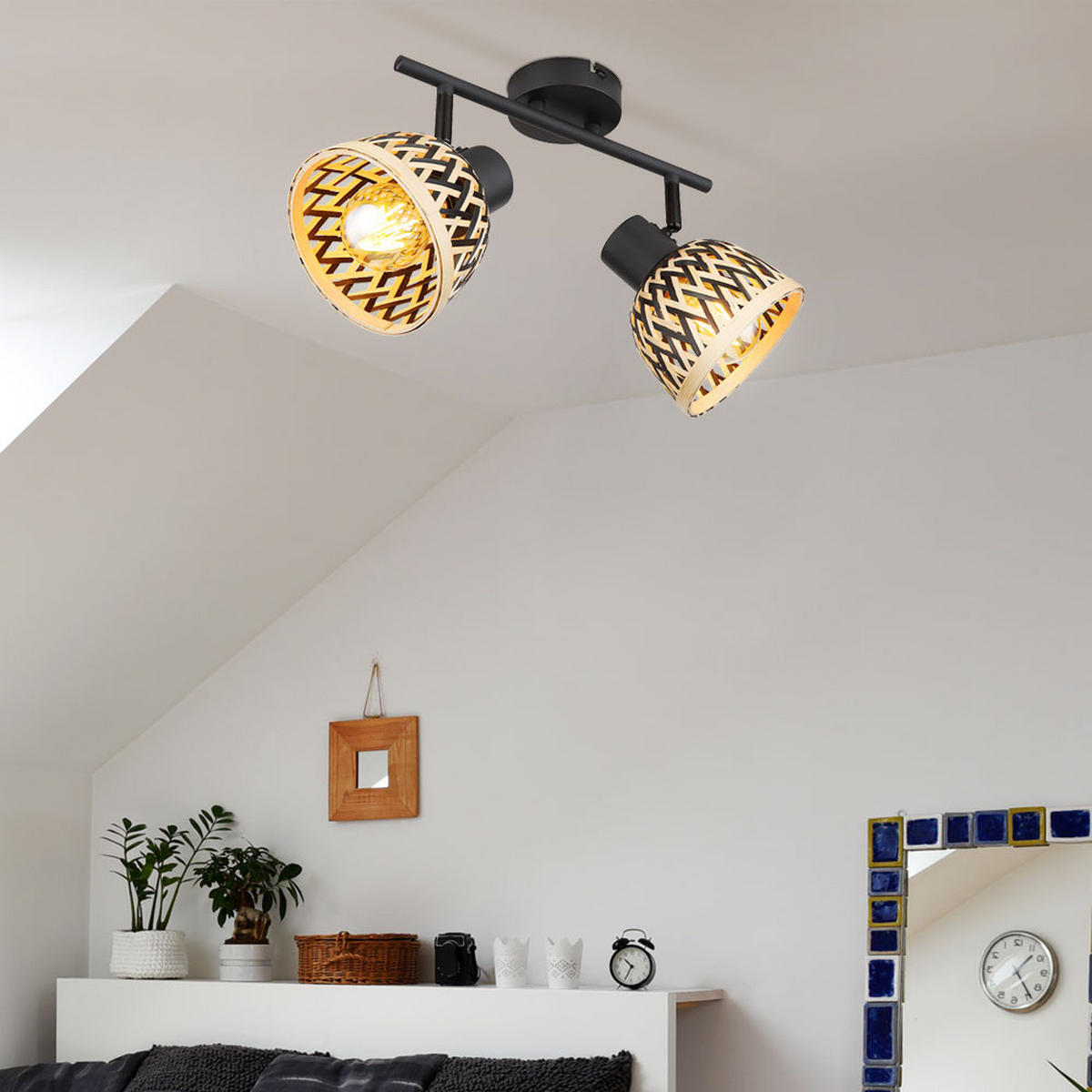 DECKENLEUCHTE Metall Schwarz Bambus - Schwarz, Holz (30/13/19cm) - Globo Lighting