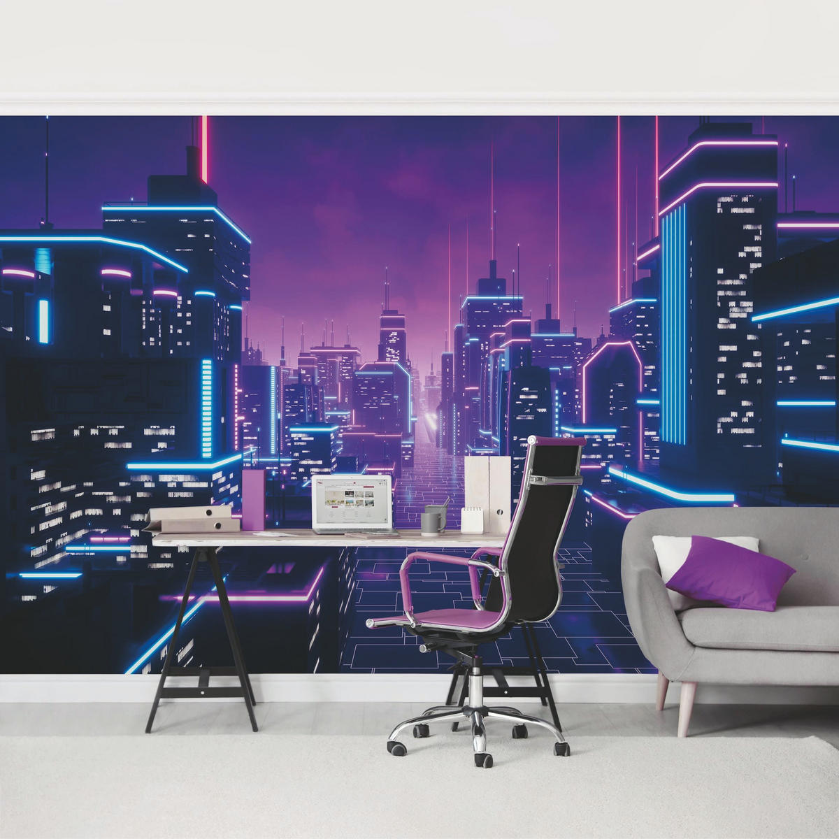 FOTOTAPETE Neon Stadtlichter 432/290 cm - Violett, Papier (432/290cm) - Bilderwelten