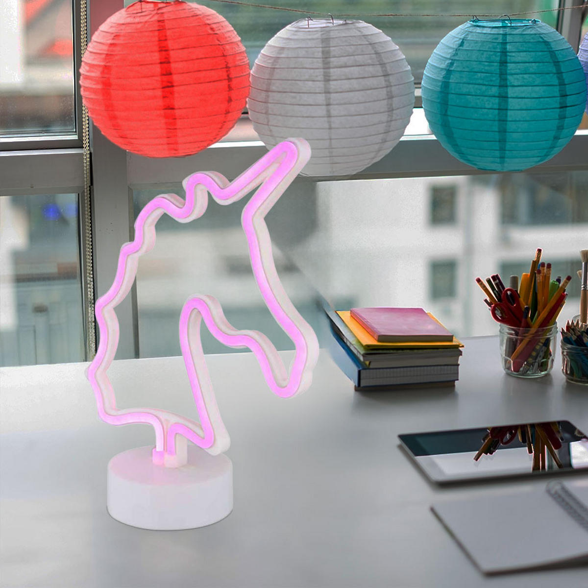 LED TISCHLEUCHTE Einhorn Weiß - Weiß, Kunststoff (20/10/28.5cm) - Globo Lighting