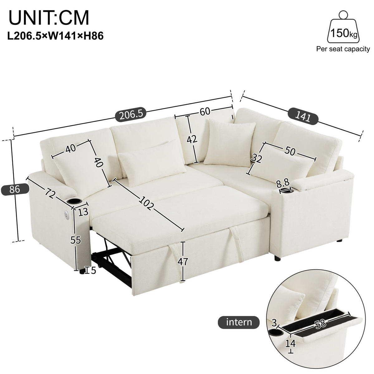 SCHLAFSOFA 206.5x141x86 cm aus Chenille L-förmiges 4-Sitzer, beige - Beige, Textil (141/206.5cm) - Luhomfu