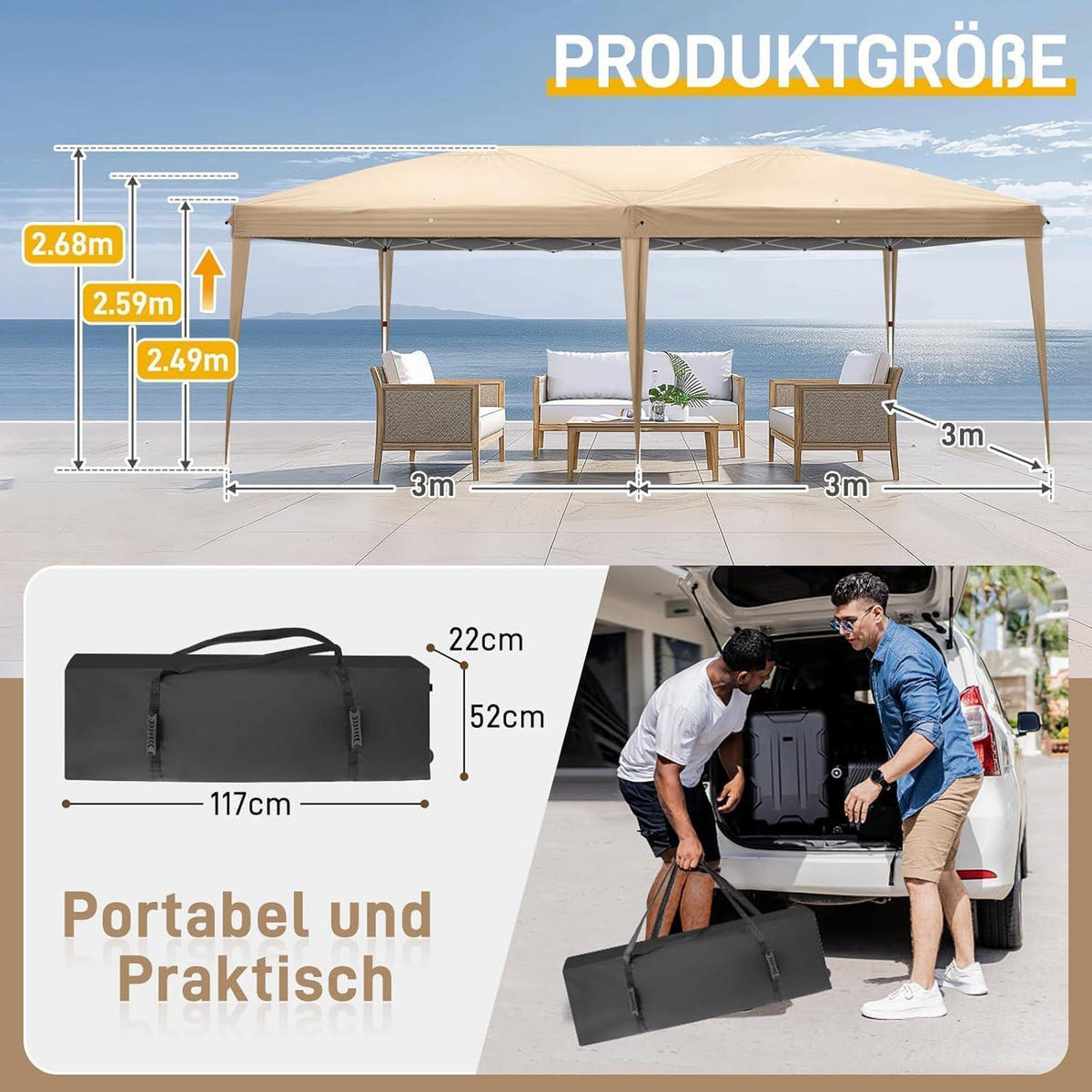 FALTPAVILLON 3x6 m Khaki mit 6 Seitenteilen - Olivgrün, Textil (300/265/600cm)