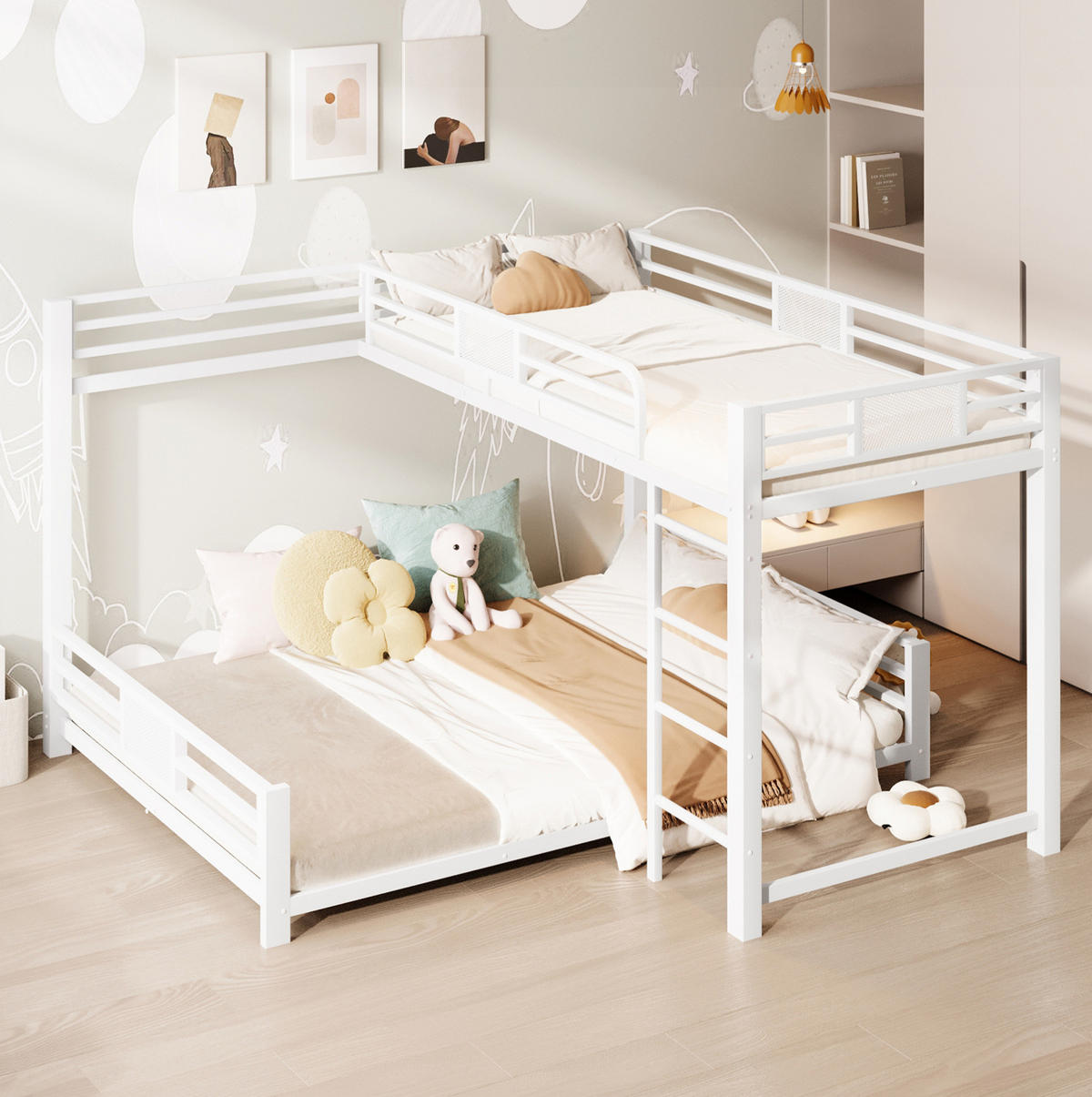ETAGENBETT aus Metall 204x204x130 cm Weiß mit Schutzgittern, platzsparendem L-Design und Metalllattenrost - Weiß, Metall (90/200cm) - Modfu