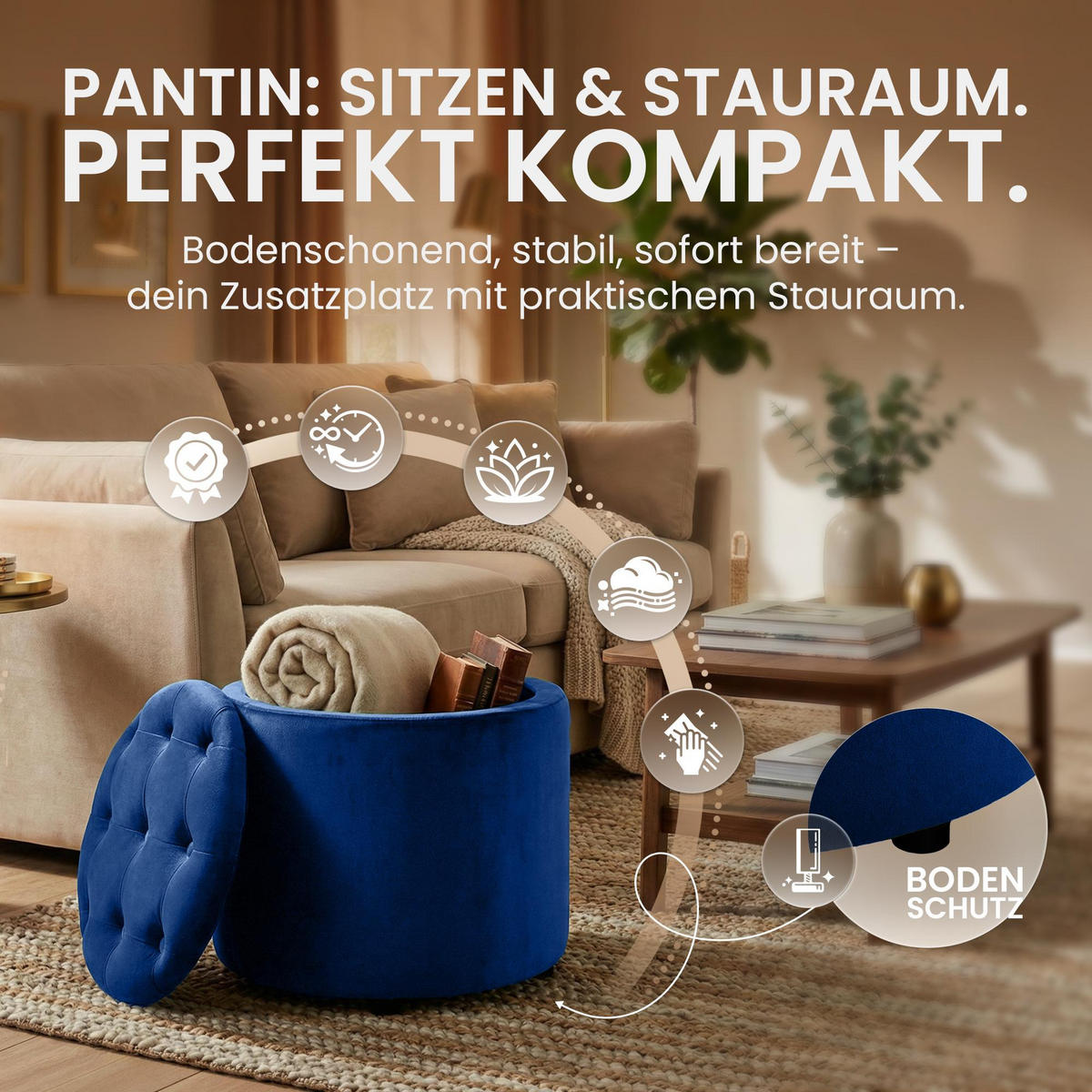 SITZWÜRFEL Samt Blau - Blau/Schwarz, Kunststoff/Textil (44/42/44cm) - CLP