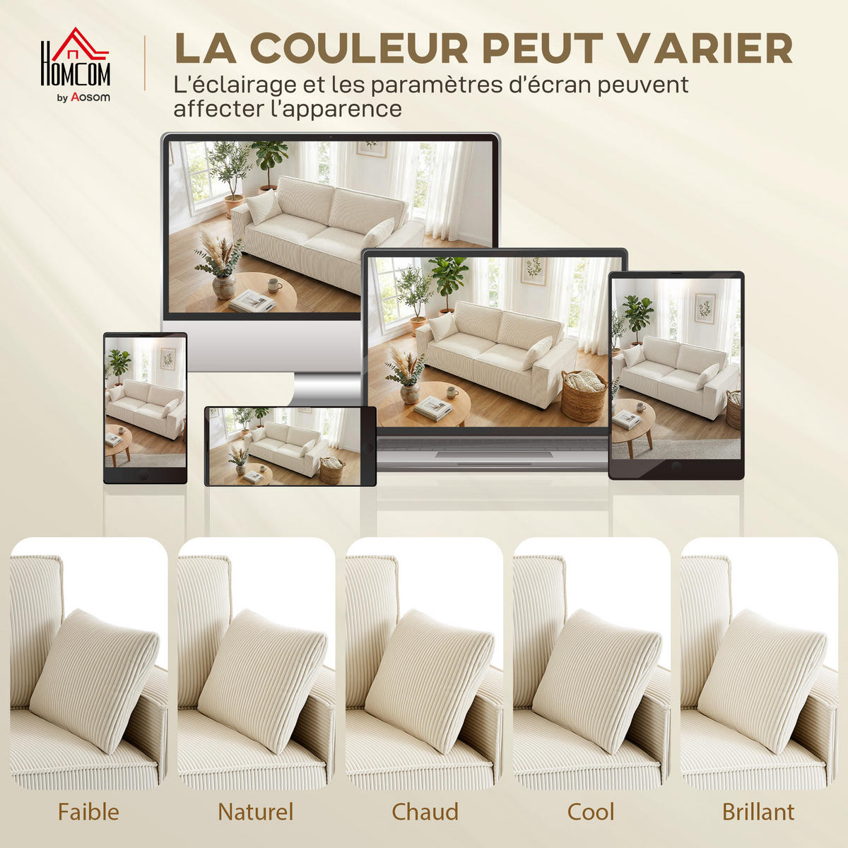 SOFA, 3-Sitzer, Cord, 218cm, Federkernkissen, beige - Multicolor, Holzwerkstoff (218/91/79cm) - FORIOUS