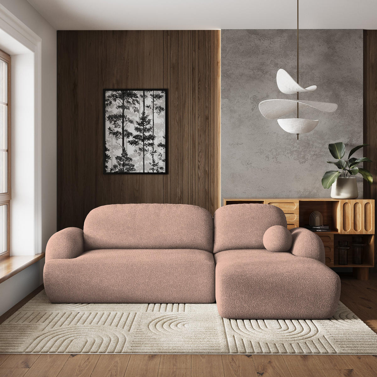 ECKSOFA MODENZA N R-S Rosa Boucle-Stoff mit Schlaffunktion - Schwarz/Rosa, Holz/Kunststoff (266/148cm) - MASSENO