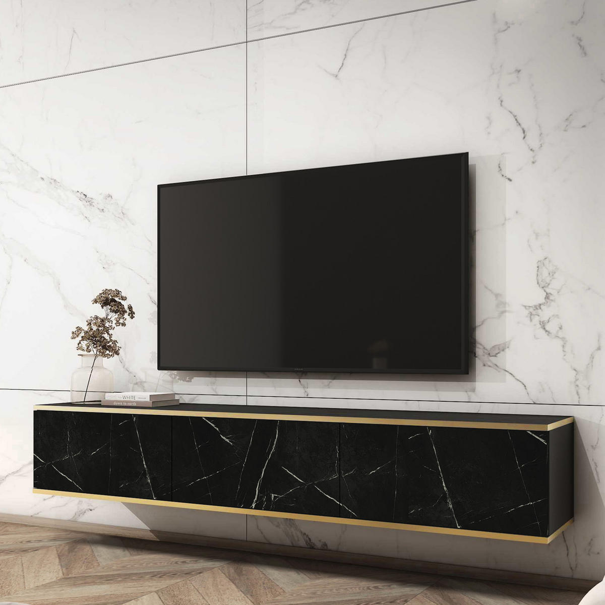 TV-LOWBOARD FORNO (Marmor Black Royal, Goldene Details, 3 Türen, 175 cm) - Schwarz/Weiß, Holz/Holzwerkstoff (175/30/32cm) - Ravio