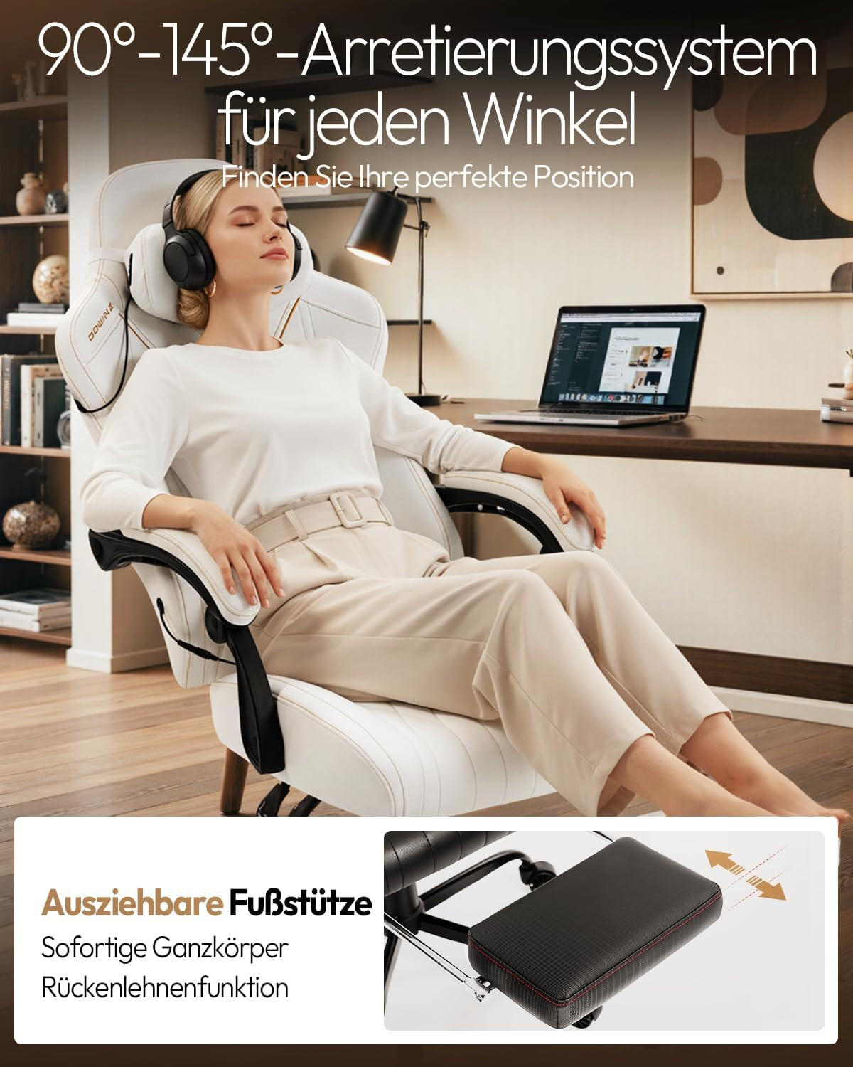 GAMING Stuhl mit Massagefunktion & Lendenwirbelstütze & Nackenstütze - Weiß, Leder (56/123/70cm)