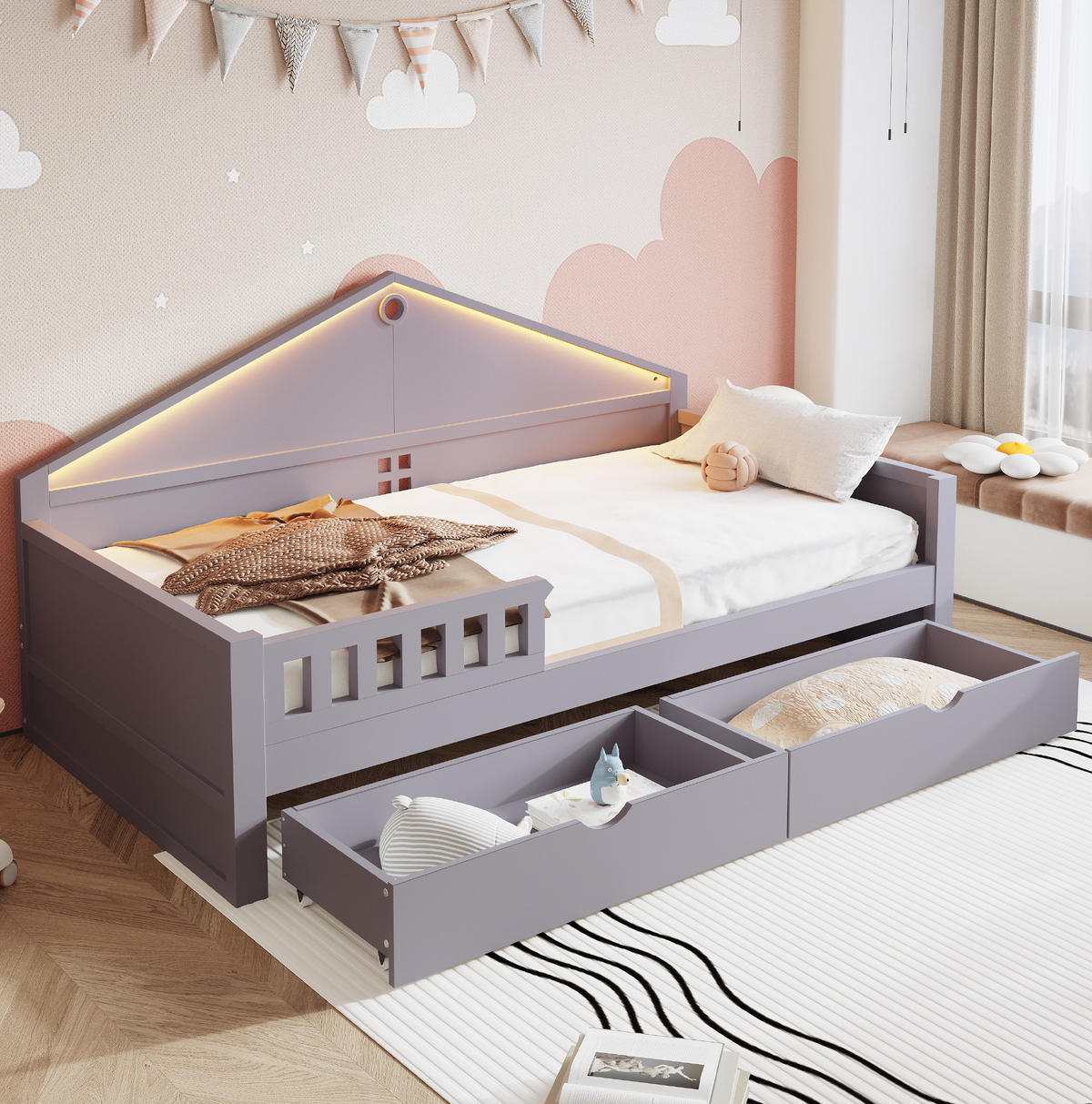 KINDERBETT 90/200 cm mit LED-Lichtleiste, 2 Schubladen und Lattenrost aus Holzwerkstoff und MDF, Grau - Grau, Holzwerkstoff (90/200cm) - Redom