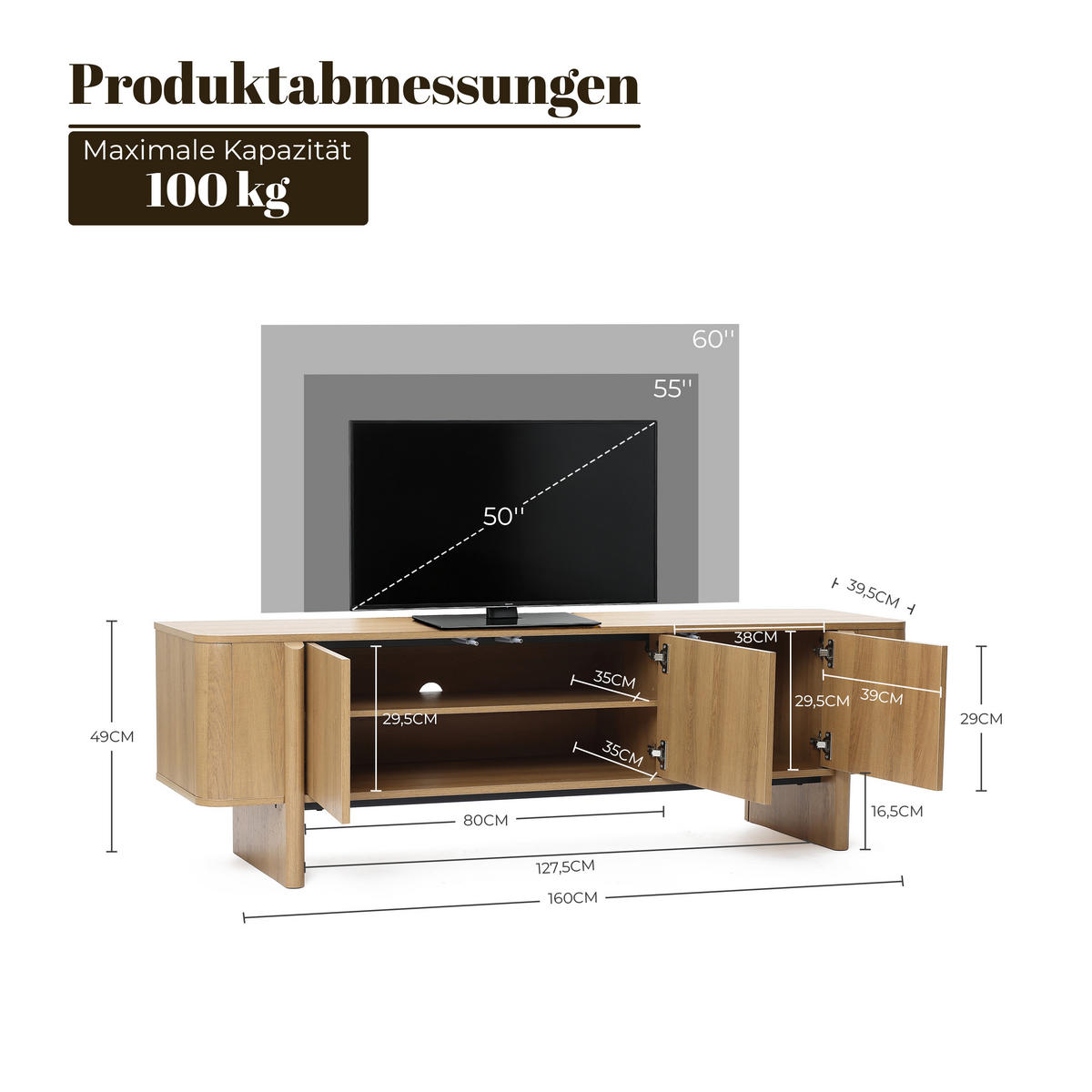 TV-SCHRANK Modern im Lowboard-Design,Eichenfarben,Holzoptik | B160 x T40 x H50 cm - Eichefarben, Holz (160/50/40cm) - Hometopia