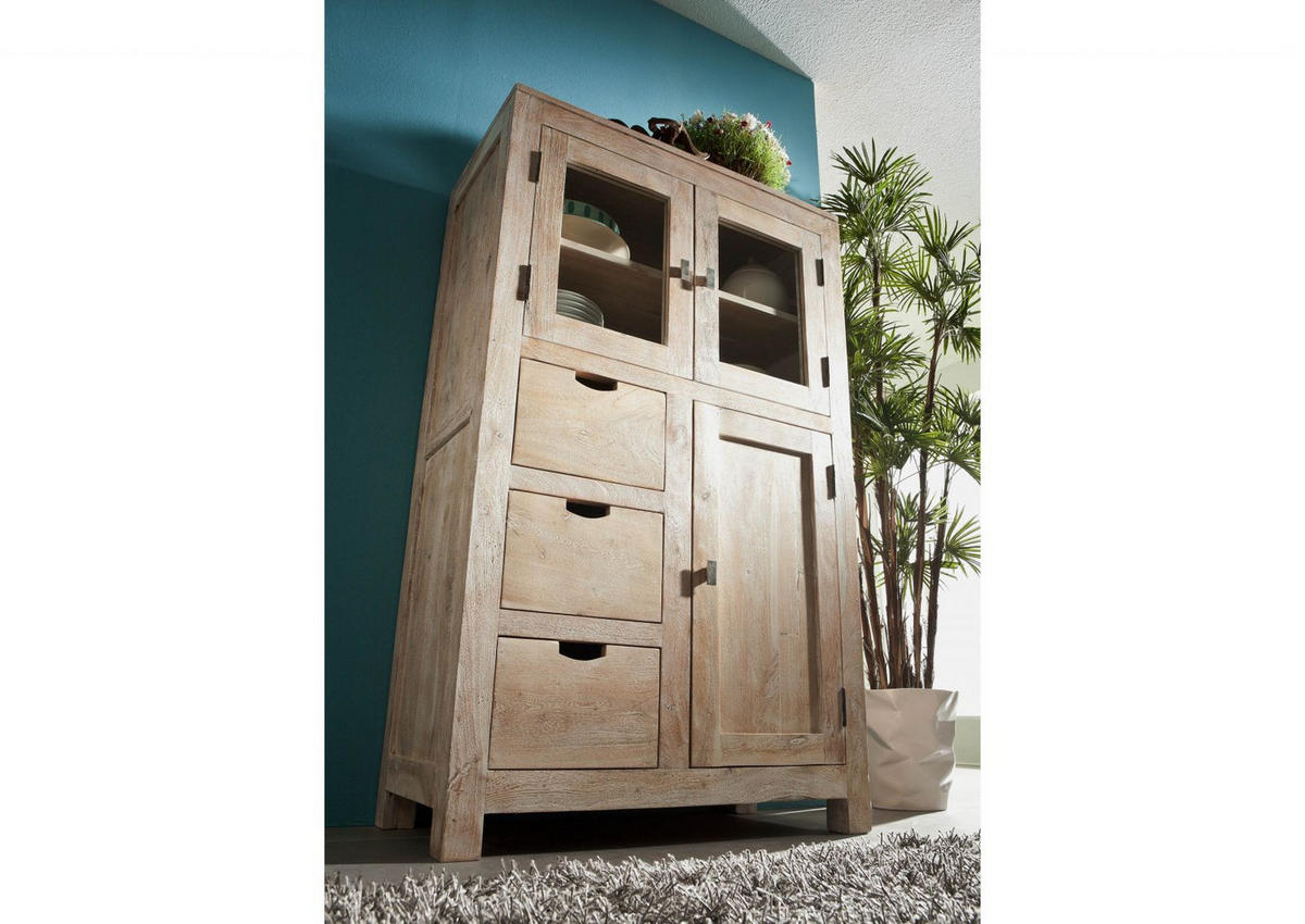 VITRINE Akazie 90x45x148 white stone getüncht NATURE WHITE #62 - Beige, Holz (90/148/45cm) - Massivmoebel24