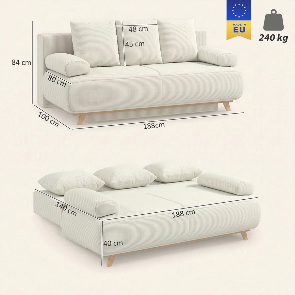SCHLAFSOFA Beige 188.0/100.0/84.0cm - Beige, Textil (100/84/188cm)