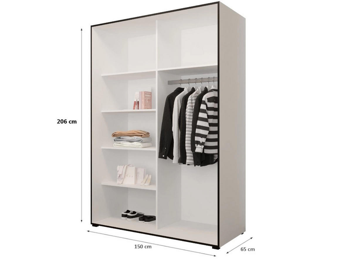 DREHTÜRENSCHRANK MODENA 150, 4-türig Kleiderschrank mit 2 Spiegel, Moderne Garderobe, Schrank in Größe: 150 x 206 x 65 cm - Schwarz/Weiß, Holzwerkstoff (150/206/65cm) - O-Sofa