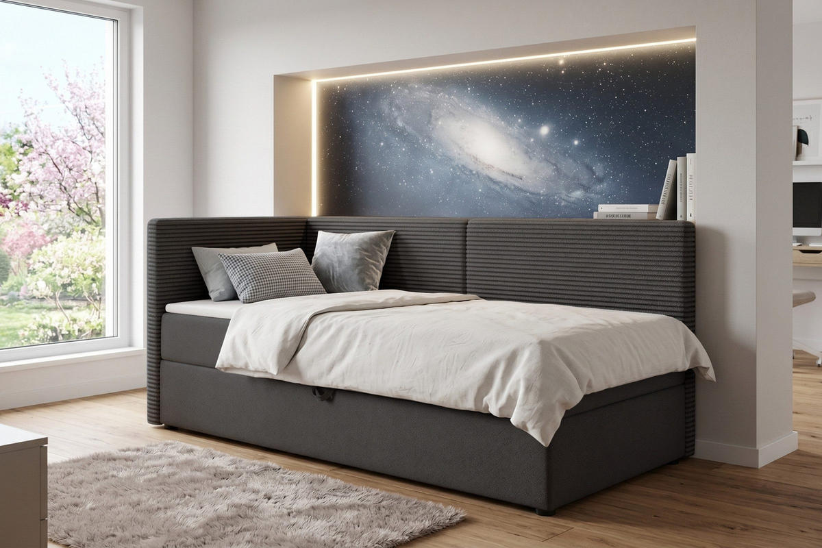 BOXBETT MILA 90/200 in Cord/Velours Anthrazit H3 links - Anthrazit, Holz/Holzwerkstoff (90/200cm) - Deine Möbel 24