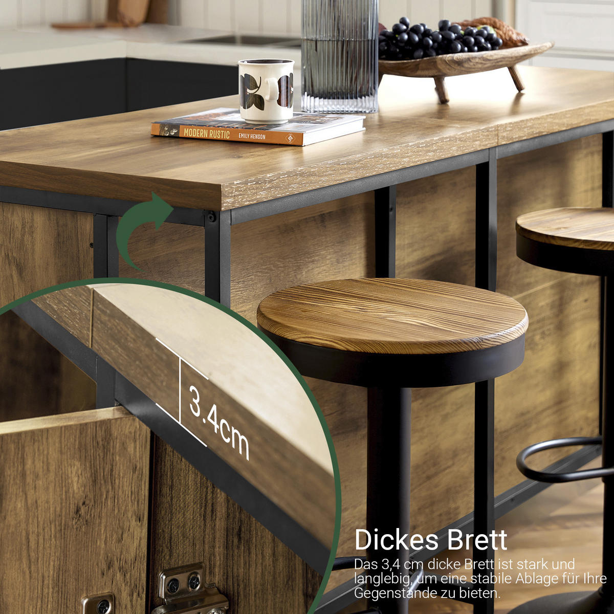 KÜCHENINSEL im Industrie-Design 170x89x60cm - Schwarz/Braun, Holzwerkstoff/Metall (170/89/60cm) - SoBuy