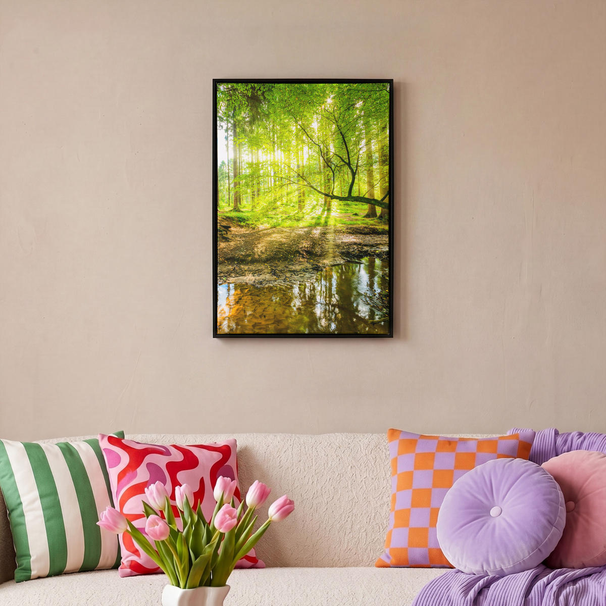 LEINWAND Bilder mit Rahmen - Wald - Landschaft - Wasser - Bäume - Sonne - Grün - Natur - 40x60 - Grün, Textil (40/60cm) - MuchoWow