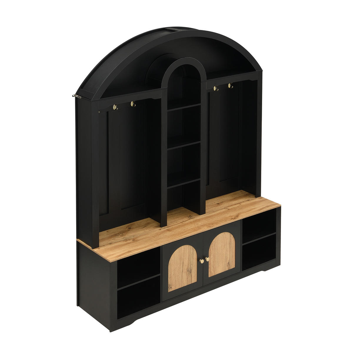GARDEROBE Flur geschwungenes Design offene Regale LED Hakenleiste multifunktionaler Stauraum - Schwarz, Holzwerkstoff/Metall (150/195/40cm) - EVRYAE