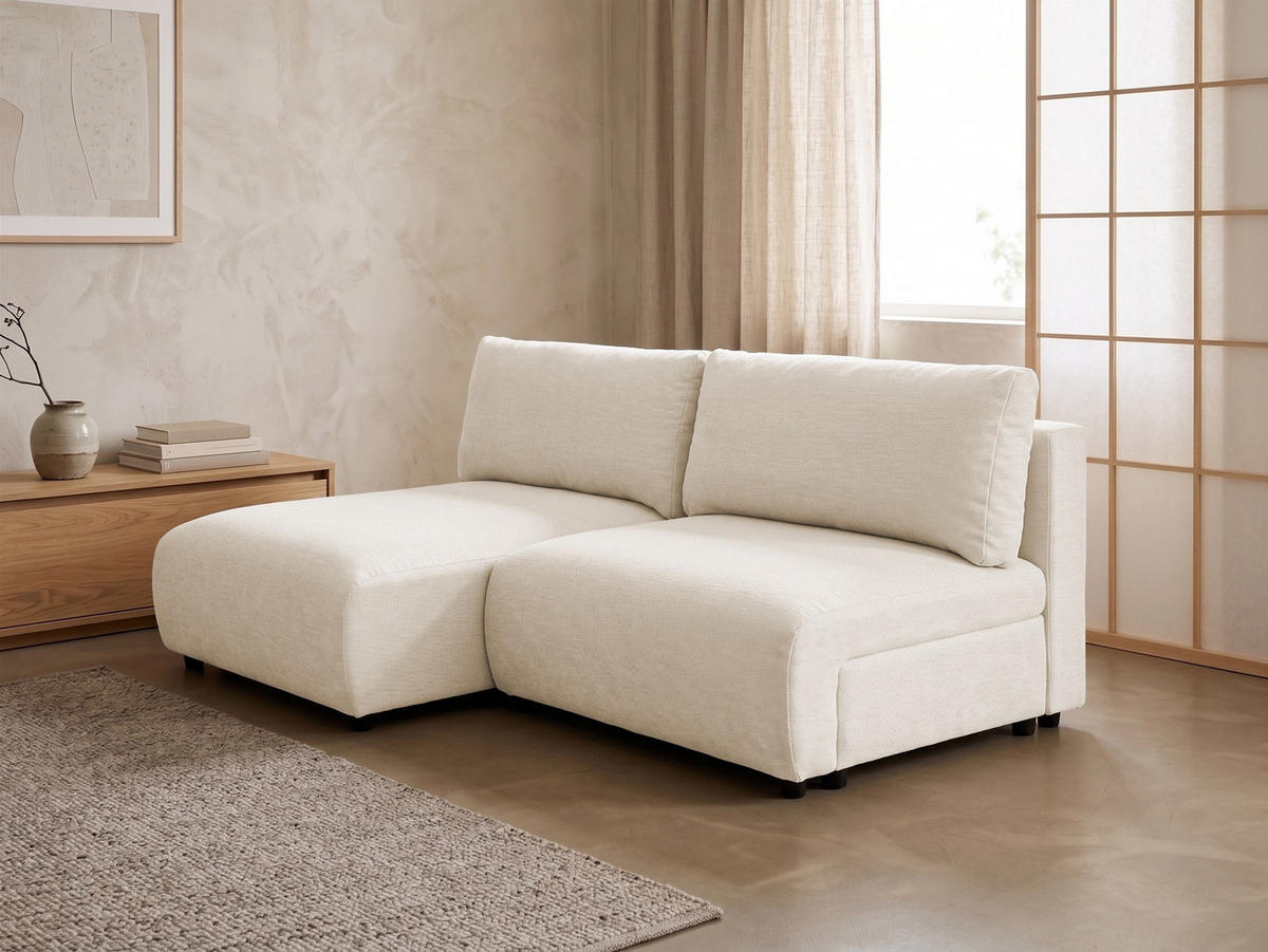 ECKSOFA Sora mit Schlaffunktion, Bettkasten und extra tiefer Komfortzone aus hochwertigem Hellbeige Strukturstoff - Beige/Schwarz, Holz/Kunststoff (140/200cm) - S-Style