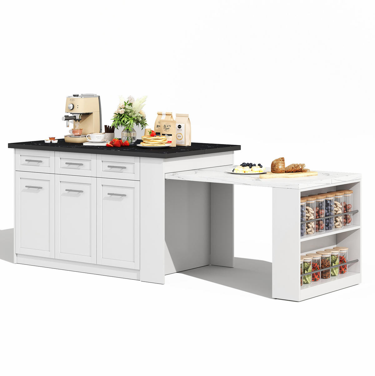 KÜCHENINSEL mit ausziehbarem Tisch 150 x 90 x 90 cm Weiß - Weiß, Holz (90/90/150cm) - Beauniv