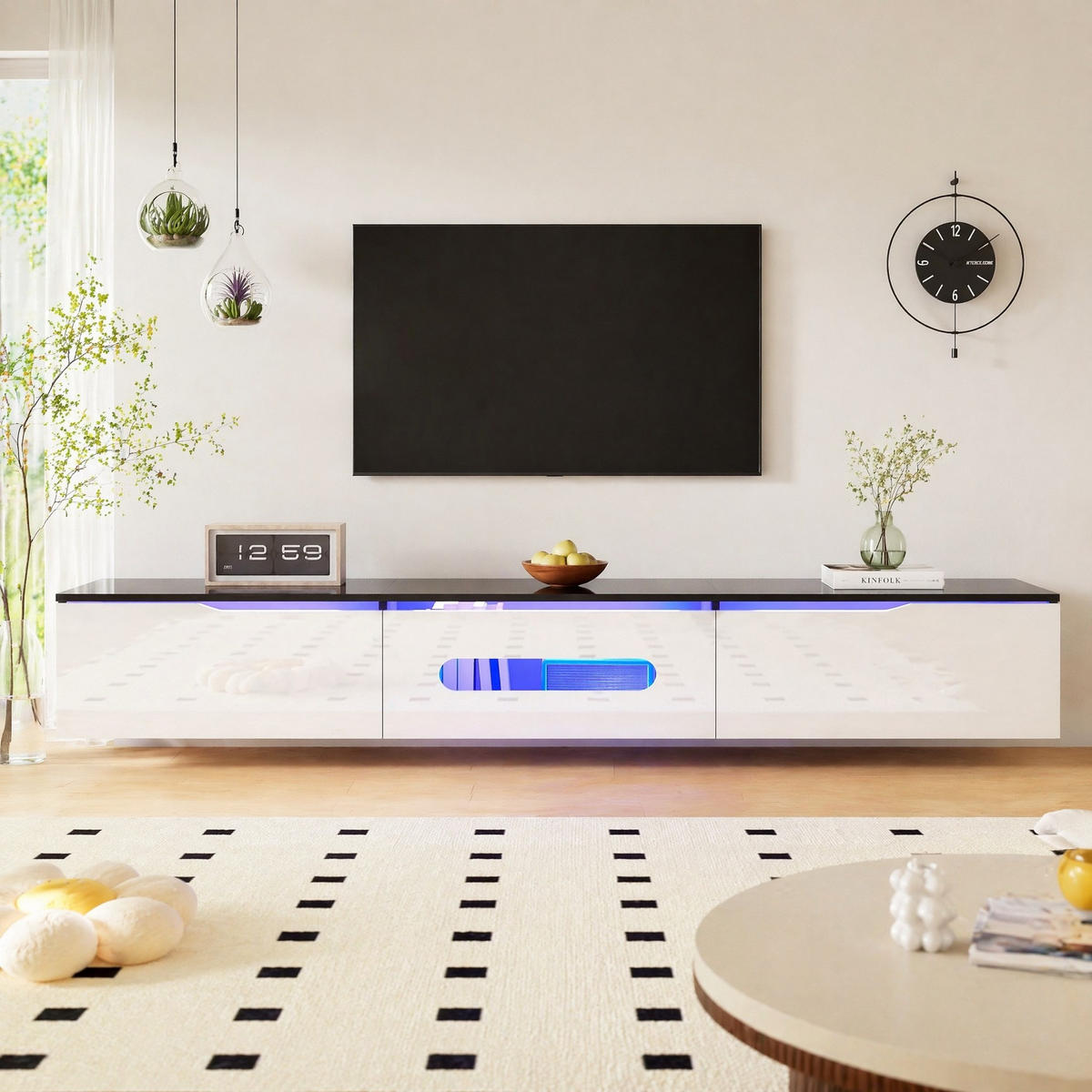 LOWBOARD in Schwarz und Weiß Hochglanz TV-Schrank mit LED-Beleuchtung für Wohnzimmer, B180/T35/H30 cm - Schwarz/Weiß, Holzwerkstoff/Metall (180/30/35cm) - STILVORA