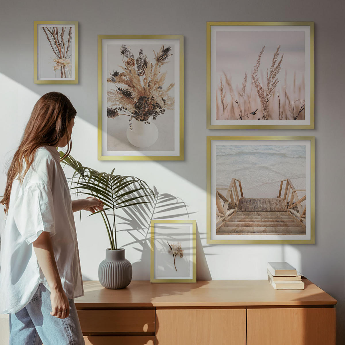 BILDER SET 5er Set - 50x50 cm & 20x30 cm & 40x60 cm Goldrahmen - Blumenzweige Minimalismus Natur - Goldfarben, Kunststoff (40/60cm) - TULUP