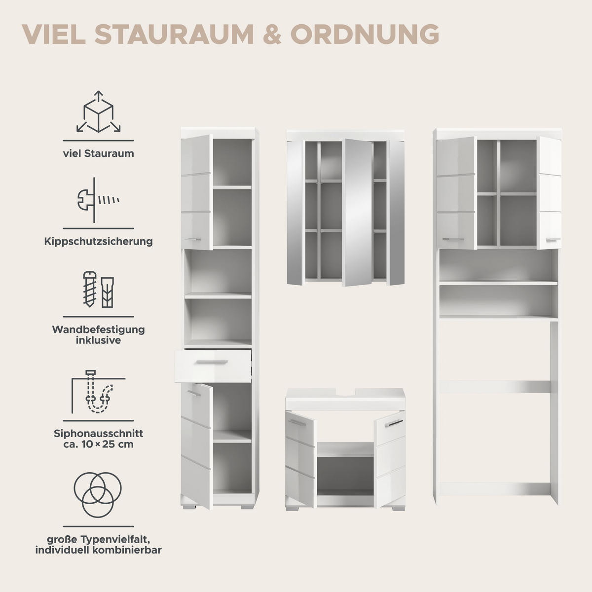 BADKOMBINATION 4tlg. Scout Bad in weiß Nachbildung und weiß hochglanz B/H/T: 190x191x34 cm - Weiß, Holz (190/191/34cm)