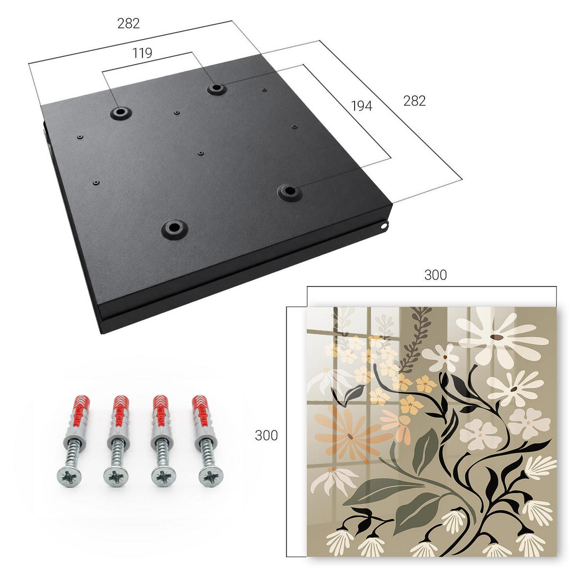 SCHLÜSSELBOX Schwarz 30x30 cm- Türöffnung nach rechts - Blumenmotiv - Beige, Metall (30/30/5cm) - TULUP
