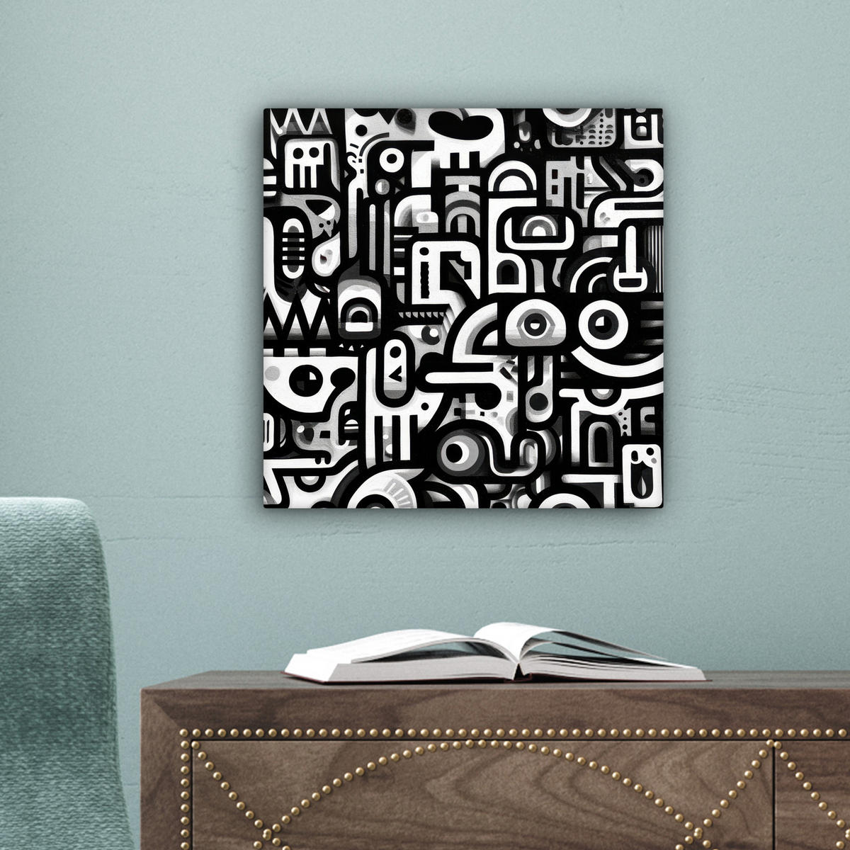 LEINWANDBILD Symbole - Abstrakt - Grafik - Schwarz Deko Wohnzimmer 20x20 cm - Schwarz, Textil (20/20cm) - MuchoWow