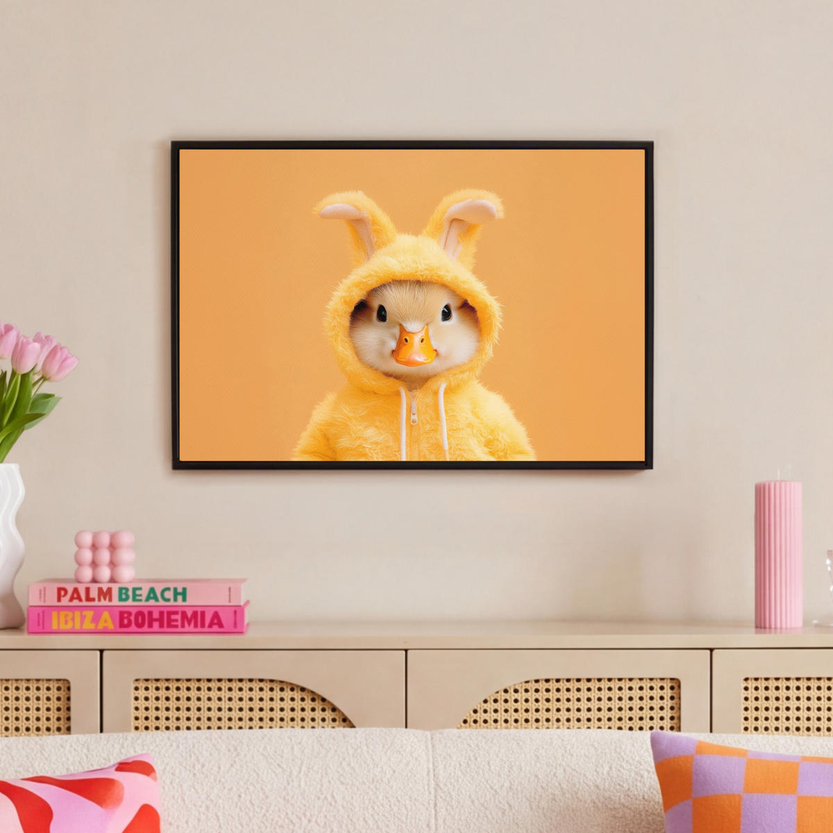 LEINWAND Bilder mit Rahmen - Osterhase - Kostüm - Ente - 60x40 - Gelb, Textil (60/40cm) - MuchoWow