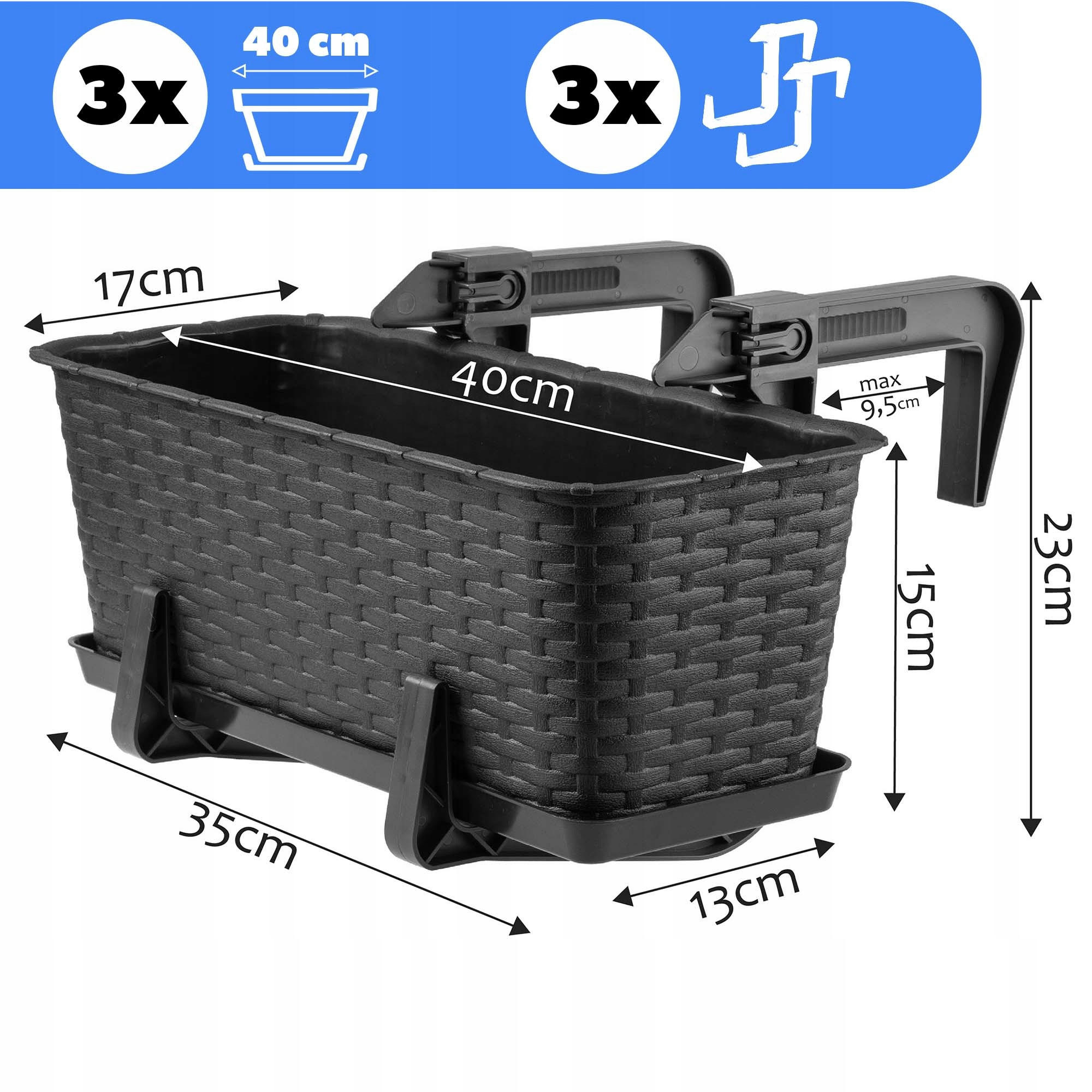 BALKONKASTEN mit Griffen, Anthrazit, 40 cm, 3 Stk. - Anthrazit, Kunststoff (17/40cm) - KADAX