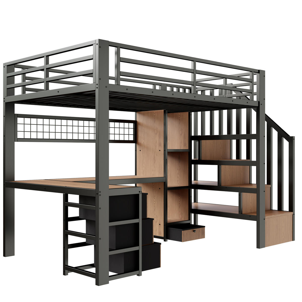 HOCHBETT 90/200 cm mit Schreibtisch, LED-Beleuchtung, 4 Schubladen und Stauraumtreppe aus Metall/MDF, Schwarz - Schwarz, Metall (90/200cm) - Redom