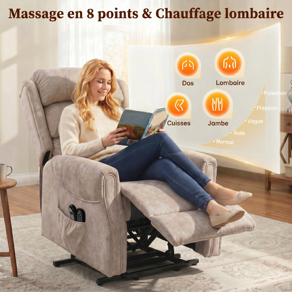 AUFSTEHSESSEL,ELEKTRISCH Vibration Wärme Samt,beige - Beige, Textil (80/82/160cm) - Vallsero