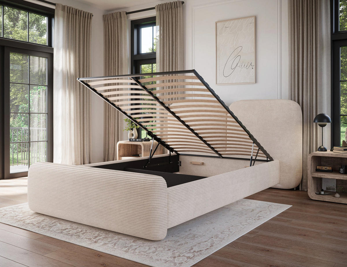 POLSTERBETT Ollival 160x200 cm mit Bettkasten und Metallrahmen – Modernes Designbett ohne Matratze - Beige, Kunststoff (160/200cm) - Wohnideebilder