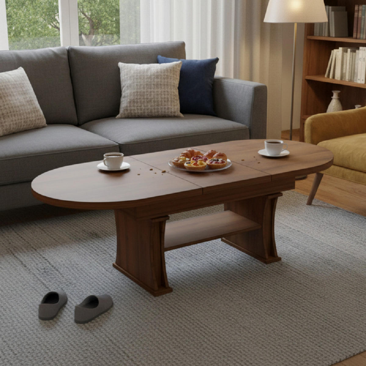 COUCHTISCH oval ausziehbar höhenverstellbar Ablage 130/80/60 cm - Nussbaumfarben, Holzwerkstoff (80/130/60cm) - designimpex