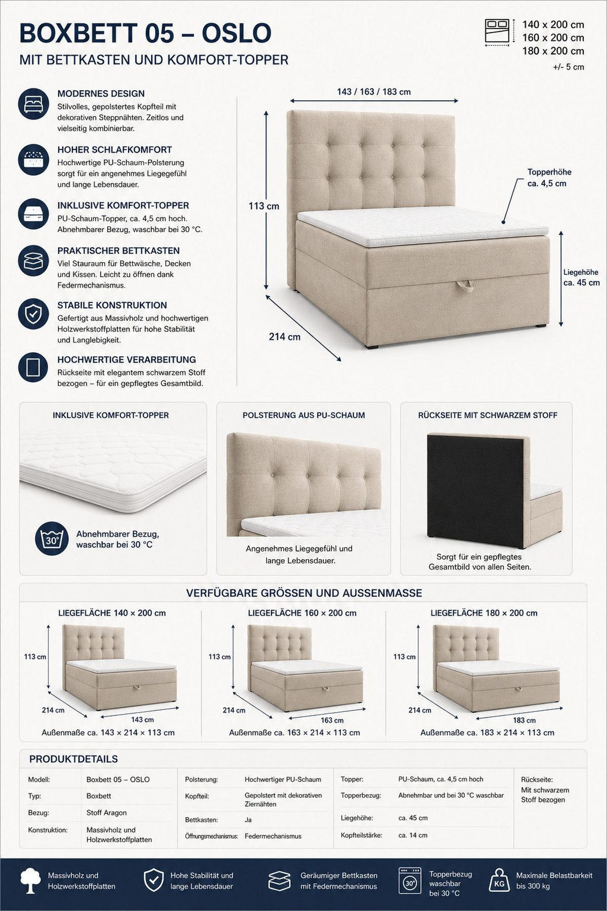 BOXBETT - Bett 05 OSLO - Aragon - 140x200 cm - mit Bettkasten und Komfort-Topper - Rosa, Holz (140/200cm) - ROYAL24_MARKT