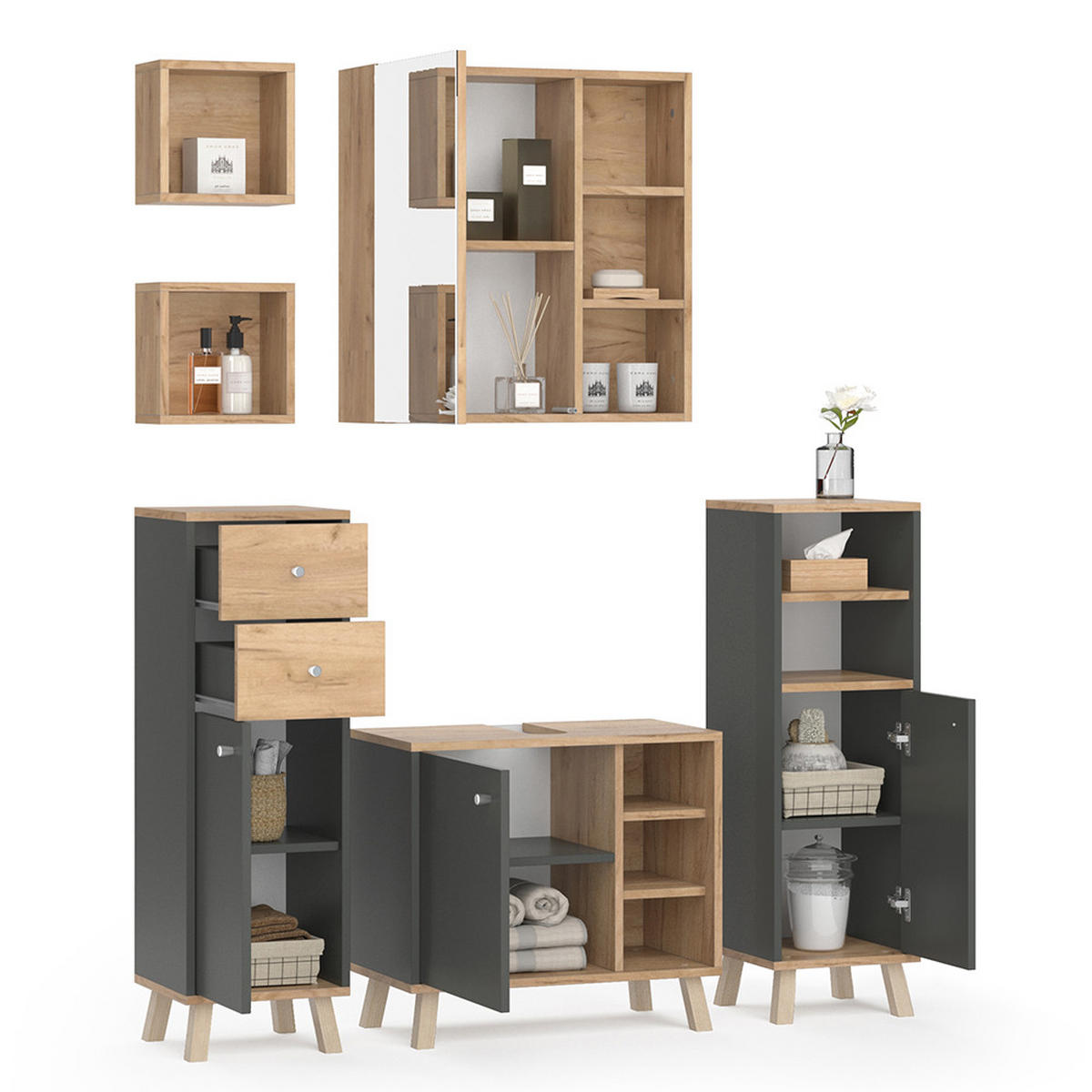 BADMÖBEL-SET Senyo Anthrazit 5 Teile, mit Regalen - Honigeiche/Anthrazit, Holzwerkstoff (62/54/32cm) - Vicco