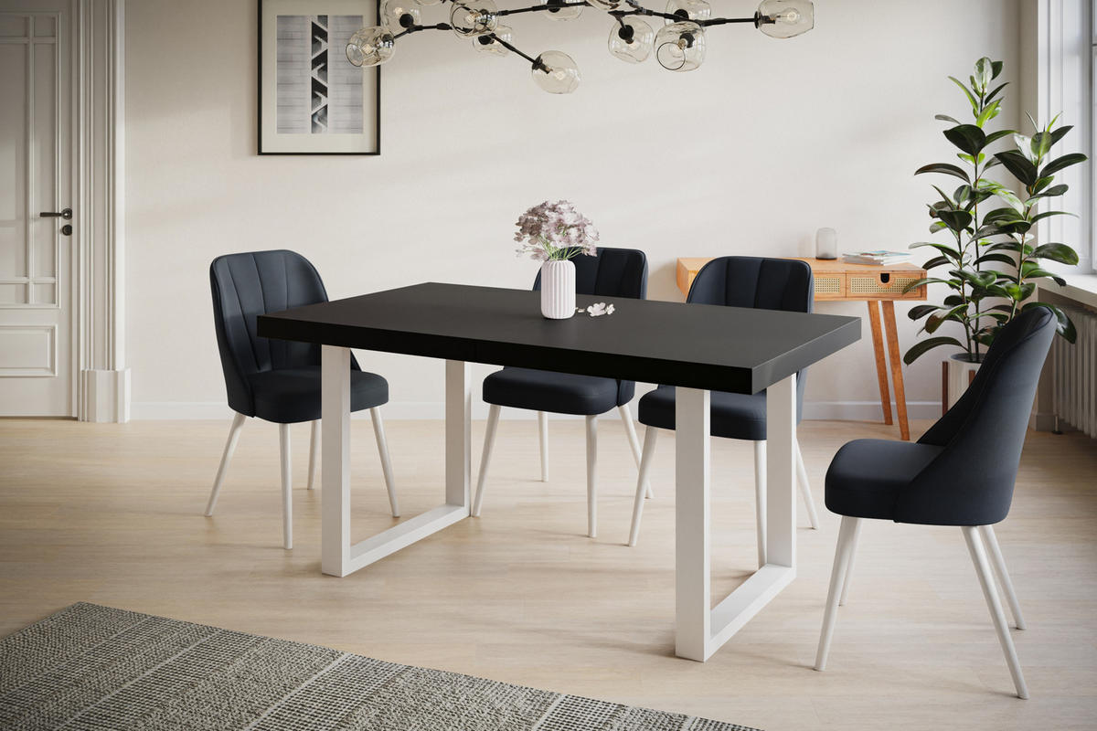 ESSZIMMERTISCH LOFT-U, ausziehbarer Tisch 160-260X90X77 cm, Farbe: Schwarz, mit Metallbeinen in Farbe Weiß - Schwarz/Weiß, Holzwerkstoff (160/90/77cm) - Alpi-Möbel