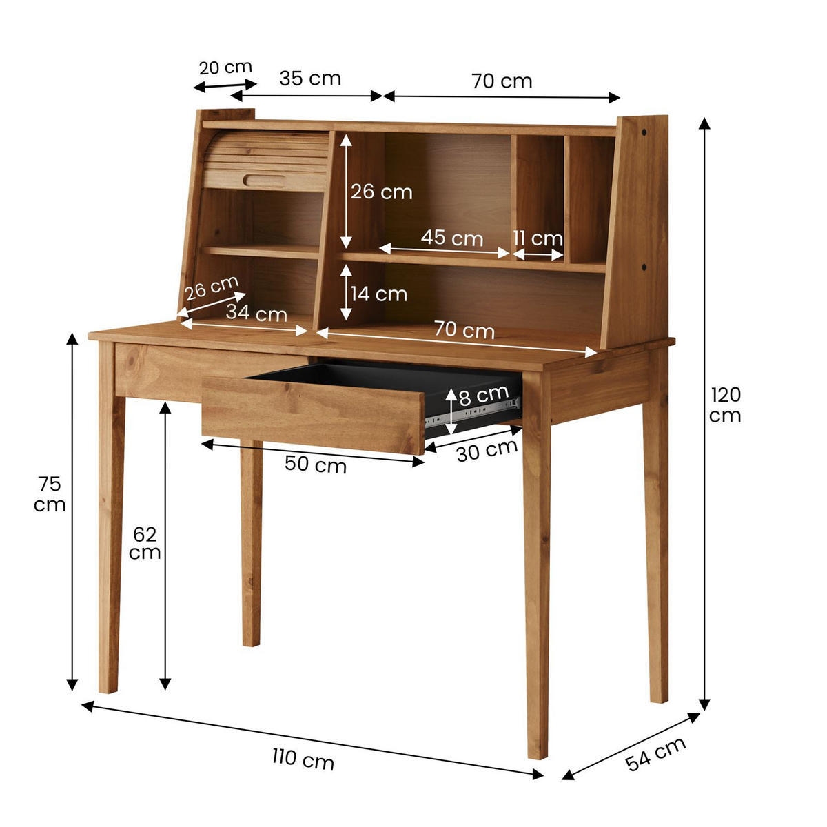 SCHREIBTISCH ALISA Eiche - Eichefarben, Holz (54/114/122cm) - IDIMEX