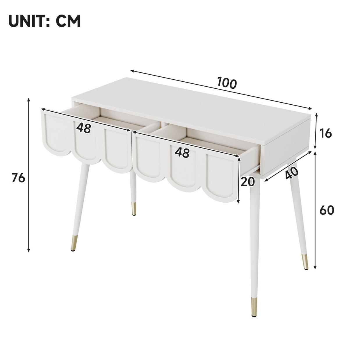 SCHMINKTISCH 100/40/76 cm weiß aus MDF mit 2 Schubladen - Weiß, Holzwerkstoff (40/76/100cm) - OKWISH