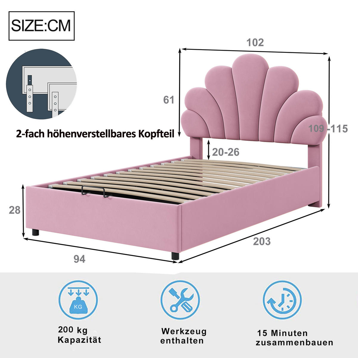 POLSTERBETT 90/200 cm Rosa mit geblümtem Kopfteil und hydraulischem Stauraum aus Samt - Rosa, Textil (90/200cm) - OKWISH
