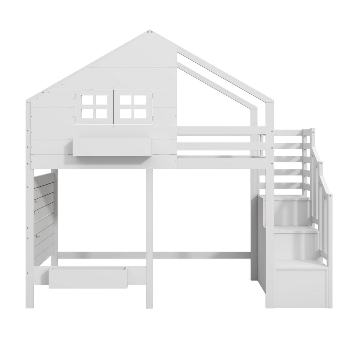 HAUSBETT 90/200 cm in Weiß mit Stauraumtreppe und Hausdesign - Weiß, Holzwerkstoff (90/200cm) - BEAOK