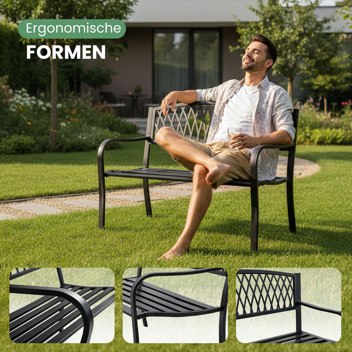 GARTENBANK ARCADIA Schwarz 127 x 86 x 62 cm - Schwarz, Metall (127/86/62cm) - Akord