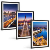 BILDER SET 3er Set - 40x60 cm Schwarzer Rahmen - Städte bei Nacht, Brücken, Flüsse - Schwarz, Kunststoff (40/60cm) - TULUP