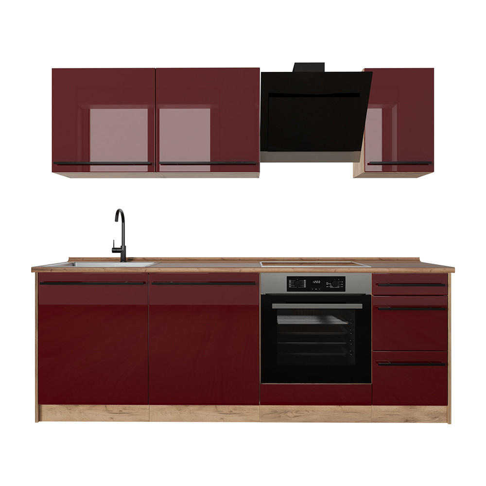 KÜCHENZEILE R-Line, Rot Hochglanz/Goldkraft Eiche, 220 cm Arbeitsplatte Goldkraft Eiche - Honigeiche/Rot, Holzwerkstoff (220/81.6/60cm) - Vicco