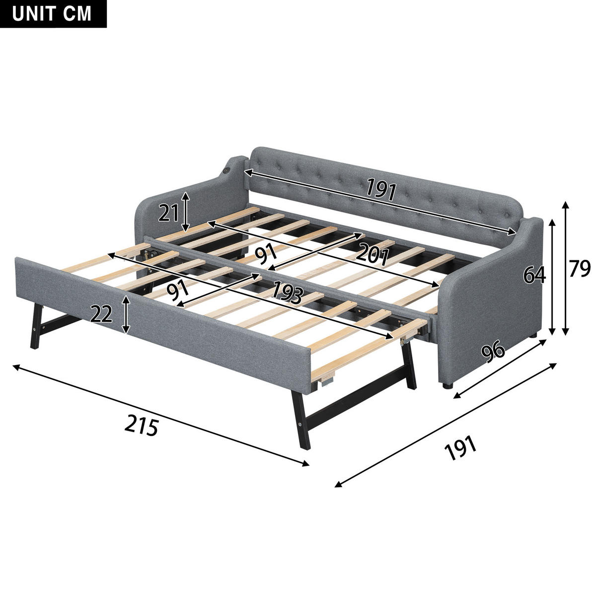 BETT Ausziehbar 90/200 cm mit USB-Anschluss Grau Leinen - Grau, Textil (90/200cm) - OKWISH