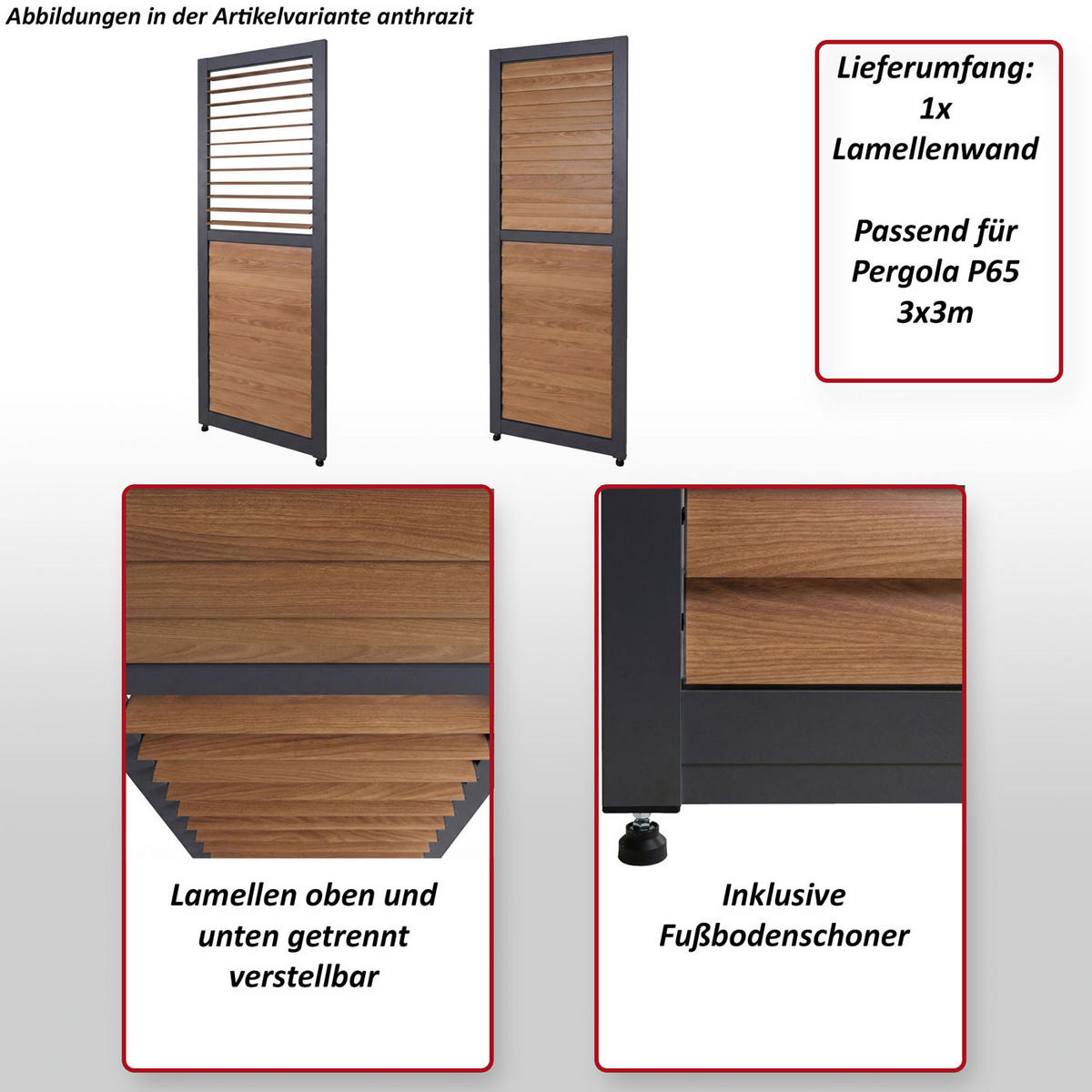 LAMELLENWAND FÜR PERGOLA Anthrazit - Anthrazit, Metall (68/220/3cm) - MCW