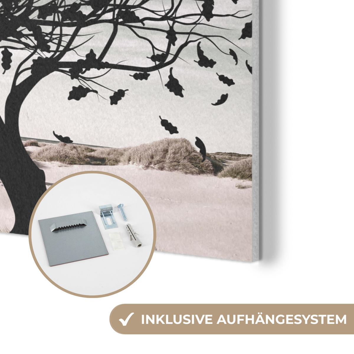 AKUSTIKBILD Strand - Meer - Menschen - Baum - Moderne Kunst Akustikpaneele 90x60 cm - Hellgrau, Kunststoff (90/60/0.9cm) - MuchoWow