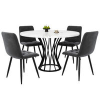 ESSTISCHSET 5-Teilig Rund 80 Cm, 4 Graue Samtstühle, Weiß Marmor, Schwarz - Schwarz, Metall (100/76/100cm) - FLIEKS